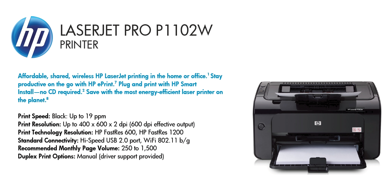 Принтер HP LaserJet Pro P1102w RU (CE658A) до 5 000 стр./мес. (черный)